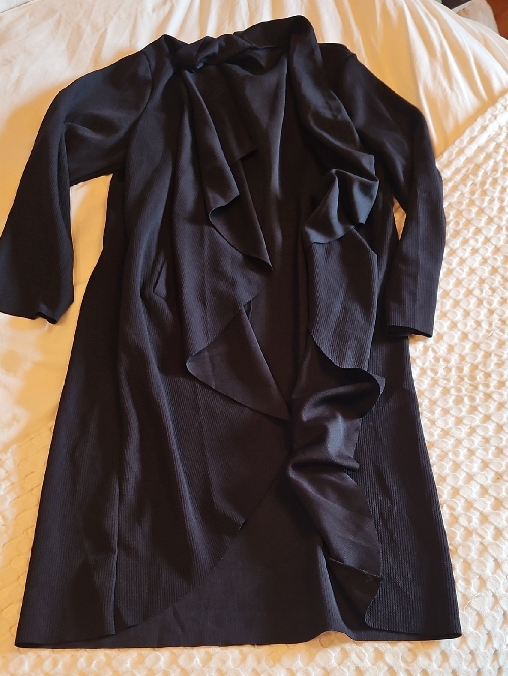 Long Black Ribbed Open Front Ruffled Cardigan 2x